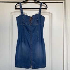 Denim Mini Dress Womens M/L Lace Up Strappy Y2K Streetwear stretch Festival